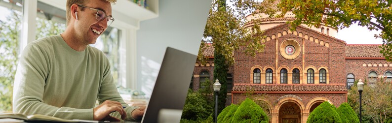 Side-by-side images of a student working on a laptop and a domed brick university building