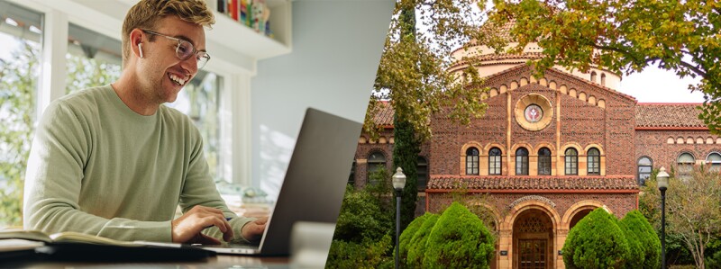 Side-by-side images of a student working on a laptop and a domed brick university building